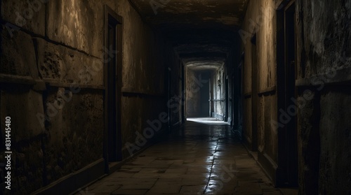 A hauntingly ominous corridor, every inch exuding a sense of dread and mystery: shadows dancing in the dim light