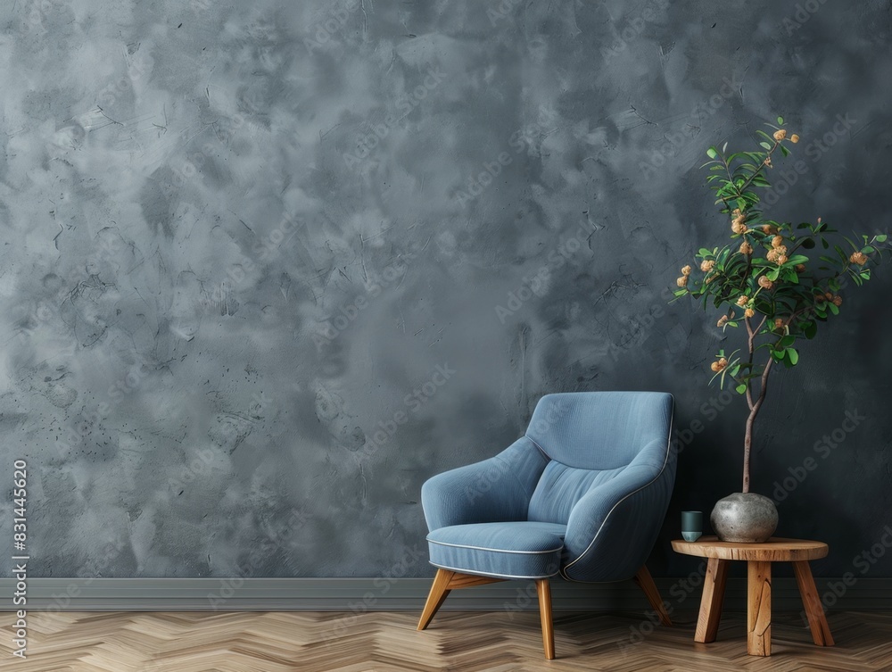 A blue chair sits in front of a wall with a plant on a table. The room has a modern and minimalist design A blue chair sits in front of a wall with a plant on a table. The room has a modern and minimalist design