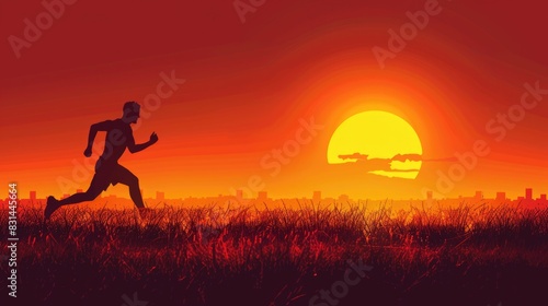 Silhouette Running. Athlete Training at Sunset with Speed and Vitality