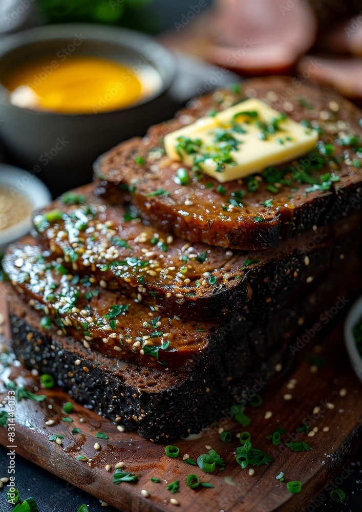 Pumpernickel - Dark, dense rye bread with a side of butter and ham. Pumpernickel - Dark, dense rye bread with a side of butter and ham.
