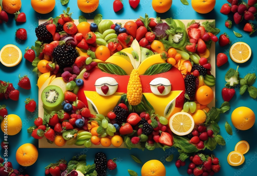 whimsical food creative compositions resembling famous paintings, props, framing, works, arrangements, elements, replication, design, concept, arrangement