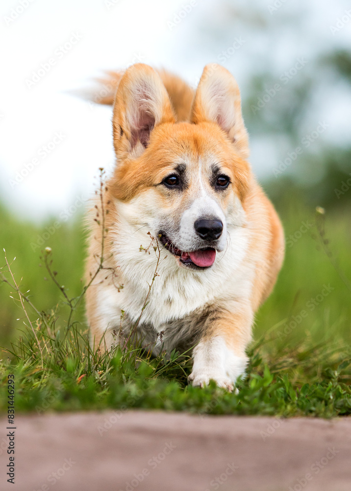red corgi dog runs through the grass red corgi dog runs through the grass