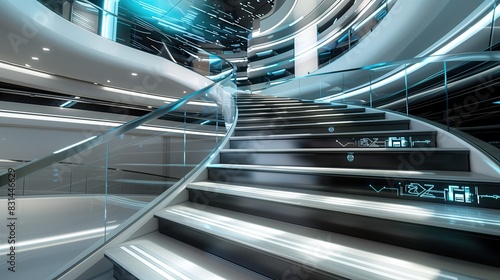 A futuristic staircase with interactive digital displays on the risers