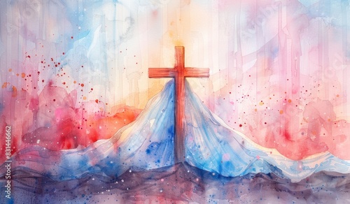 Watercolor painting of the cross surrounded by an ethereal white veil with rays coming out from behind it, and in front is draped over its shoulders