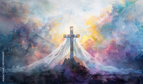 Watercolor painting of the cross surrounded by an ethereal white veil with rays coming out from behind it, and in front is draped over its shoulders photo