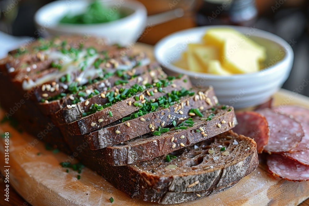Pumpernickel - Dark, dense rye bread with a side of butter and ham. Pumpernickel - Dark, dense rye bread with a side of butter and ham.
