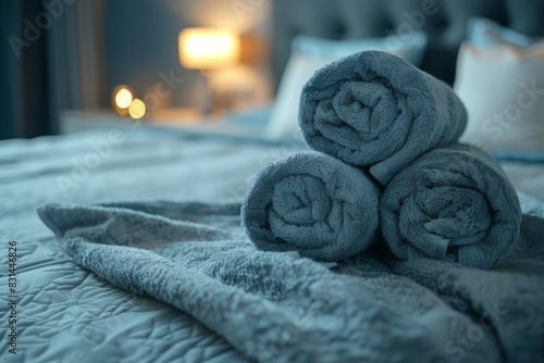 Freshly folded towels in a hotel room, placed on a neatly made bed, creating a clean and welcoming atmosphere photo