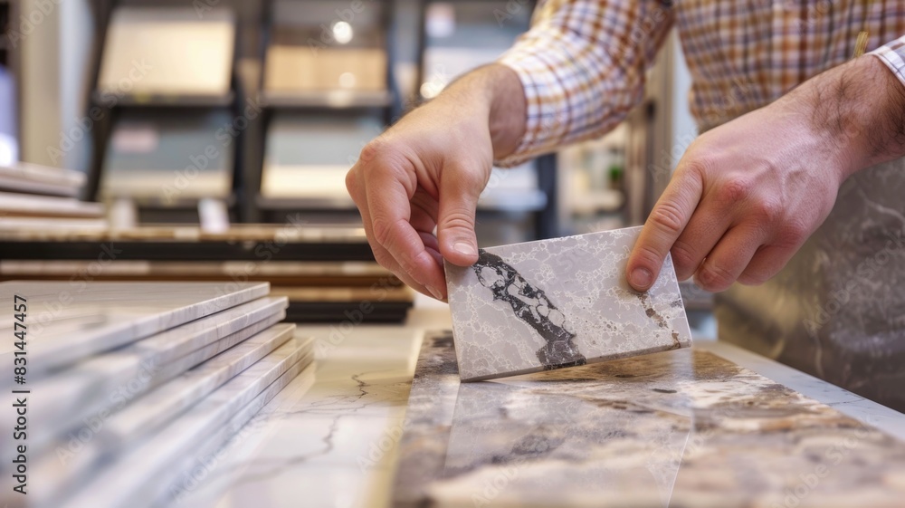 Close-up of different kitchen countertop materials being examined in a showroom Close-up of different kitchen countertop materials being examined in a showroom