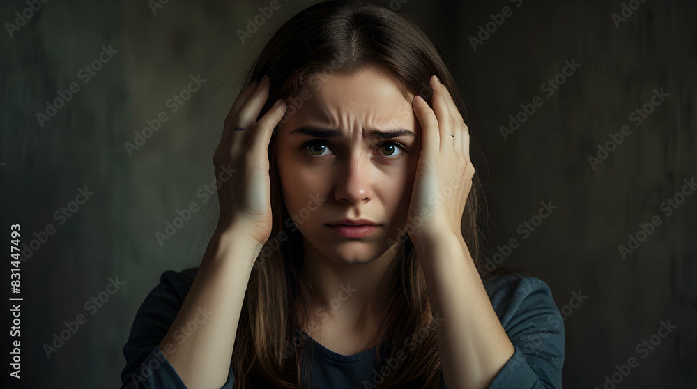 A young woman holding her head with trembling hands, her expression tense and full of anxiety. Around her, looming shadows indicate emotional instability. mental illness concept. A young woman holding her head with trembling hands, her expression tense and full of anxiety. Around her, looming shadows indicate emotional instability. mental illness concept.