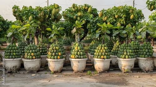 Papaya Trees in White Pots Lining an Indonesian Mall Parking Lot photo
