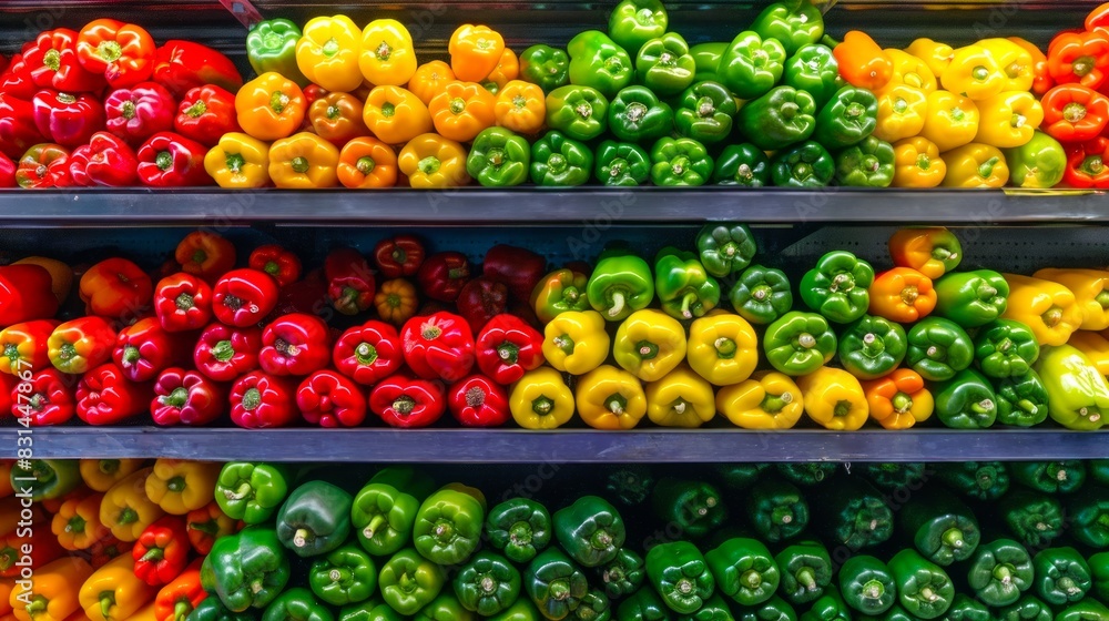 Fresh assortment of bell peppers in a market display. Colorful vegetables. Food, produce, healthy eating, grocery store concept Fresh assortment of bell peppers in a market display. Colorful vegetables. Food, produce, healthy eating, grocery store concept