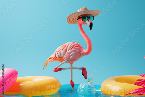 A humorous scene of a pink flamingo sporting a straw hat and sunglasses.