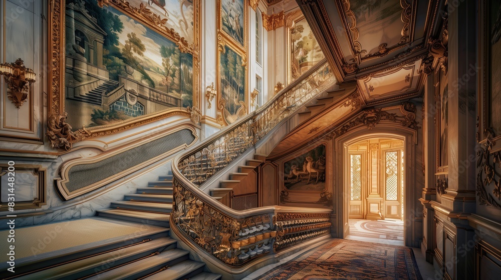 A grand staircase with a luxurious tapestry hanging along the stairwell A grand staircase with a luxurious tapestry hanging along the stairwell