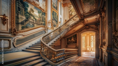 A grand staircase with a luxurious tapestry hanging along the stairwell