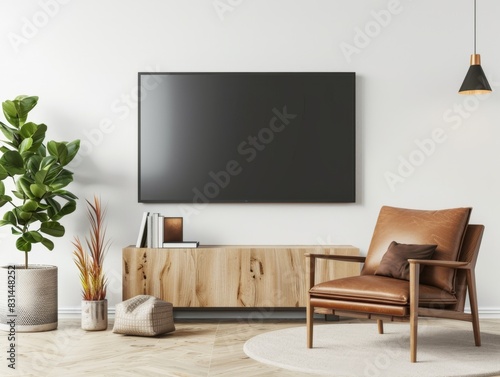 A living room with a brown leather chair and a television mounted on the wall. The room has a cozy and comfortable atmosphere