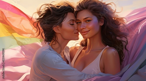 Embracing Love: Romantic Scene of Two Women Wrapped in Pride Flag, Soft Pastel Digital Painting with Gentle Hues © Naraksad