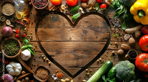 Heart-shaped wood surface surrounded by fresh vegetables and spices. Food preparation, culinary art, healthy eating, cooking concept. Copy space photo