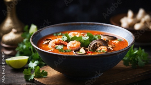Traditional Thai Tom Yam soup with pieces of shrimp, slices of mushroom and fresh cilantro