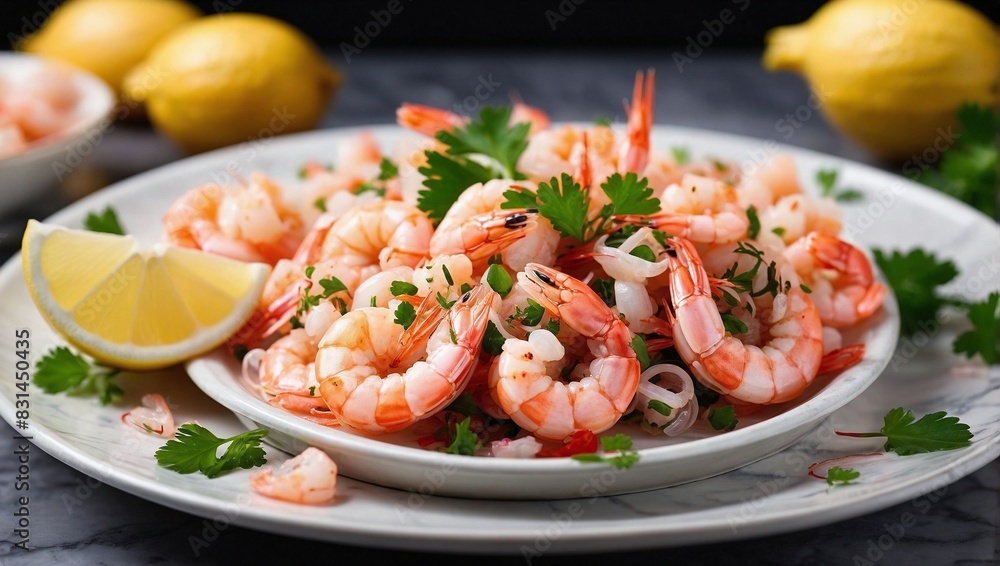 Assortment of cooked shrimps with fresh slices of lemon Assortment of cooked shrimps with fresh slices of lemon