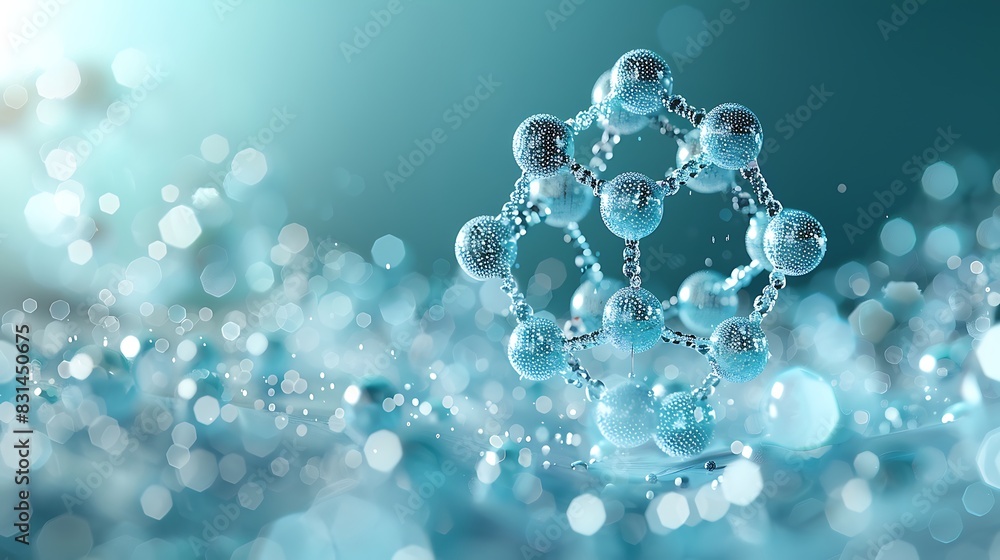 A beautiful hexagon molecule filled with dots, placed against a soothing bright turquoise solid background.