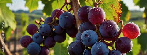 Luscious grapes with sparkling water droplets against a vineyard backdrop. Fruitscape. photo