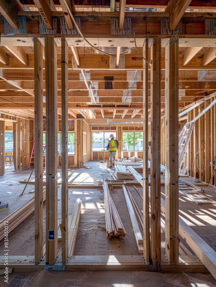 The intricate wooden frame structure of a new home under construction ...