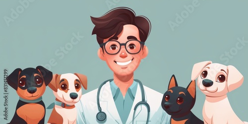 Cartoon veterinarian with a group of cute pets, including dogs and a cat, showcasing a friendly and professional animal doctor in a cheerful and playful illustrationc, Generative AI photo