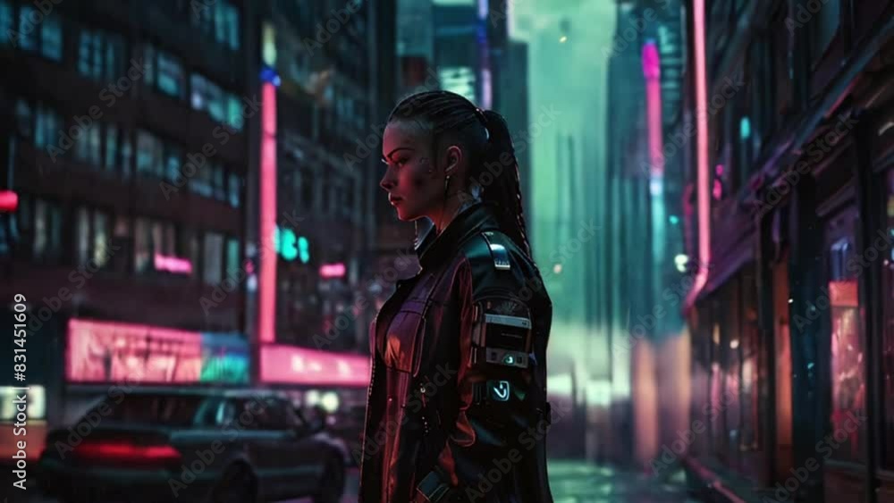 Woman in Neon-Lit City Street Woman in Neon-Lit City Street