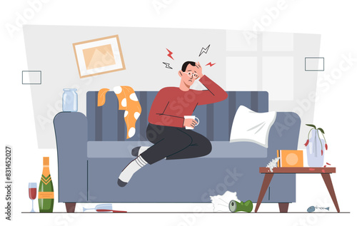 Hangover after a drunken binge. Man is sitting on a couch with bottles and trash scattered around him. Alcohol addiction, alcoholism. Mental issues and psychological problems. Flat vector illustration