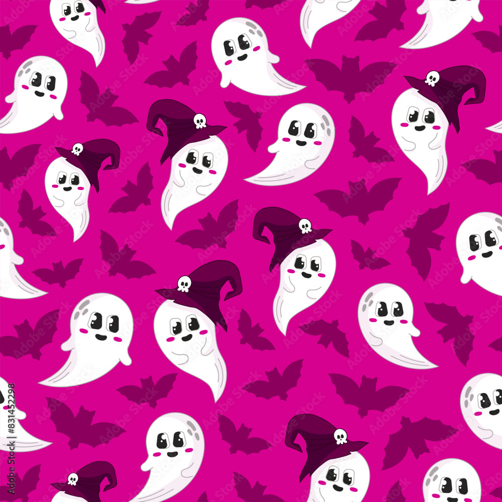 Naklejka premium Bright halloween seamless pattern with cute ghost characters