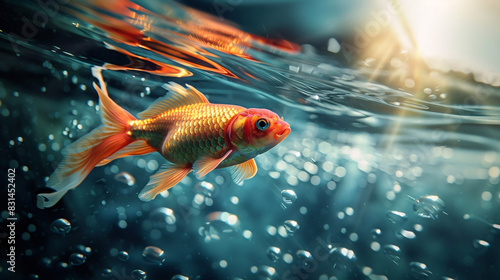 A vibrant goldfish swimming in clear water  illuminated by sunlight
