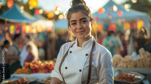 Fototapeta Naklejka Na Ścianę i Meble -  Smiling Female Chef at Outdoor Food Market with Colorful Lights