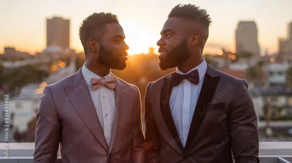 Wedding gay couple Two grooms in tuxedos sharing a romantic moment amidst a flower-filled wedding arch, bathed in warm sunlight, capturing the essence of love and celebration commercial Wedding gay couple Two grooms in tuxedos sharing a romantic moment amidst a flower-filled wedding arch, bathed in warm sunlight, capturing the essence of love and celebration commercial