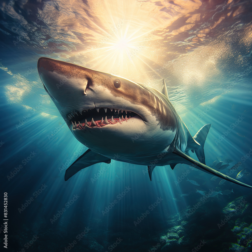 Fototapeta premium A shark swims in the ocean under the sun rays