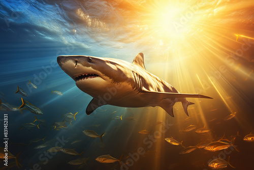 A shark swims in the ocean under the sun rays