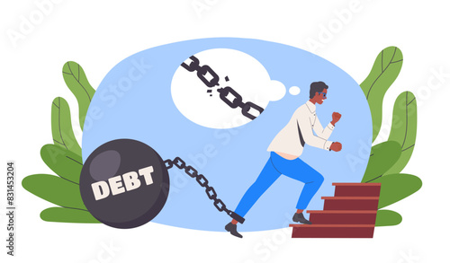 The man is saddled with an unsustainable debt. Man suffer from mortgage and loan. Economical problems and bankruptcy. Abstract metaphor. Flat vector illustration isolated on white background