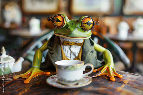 A frog in an elegant suit and monocle, sitting at a table with a porcelan tea set in his hand.