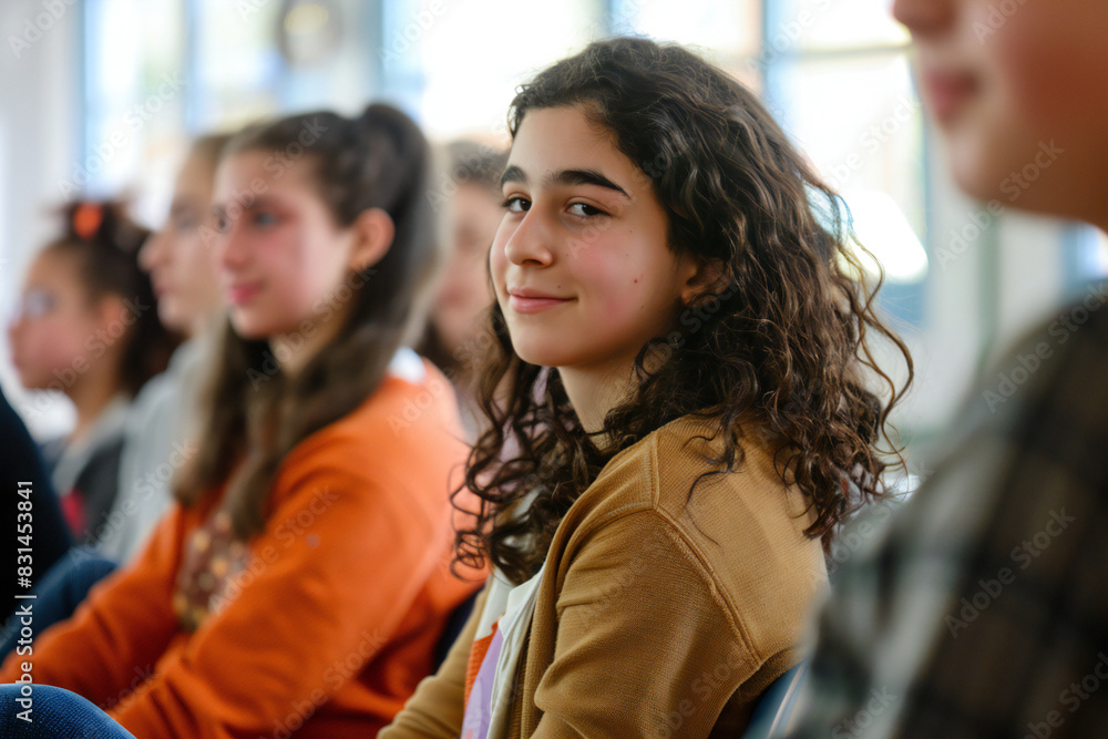 Obraz premium Smiling Girl in Classroom Setting
