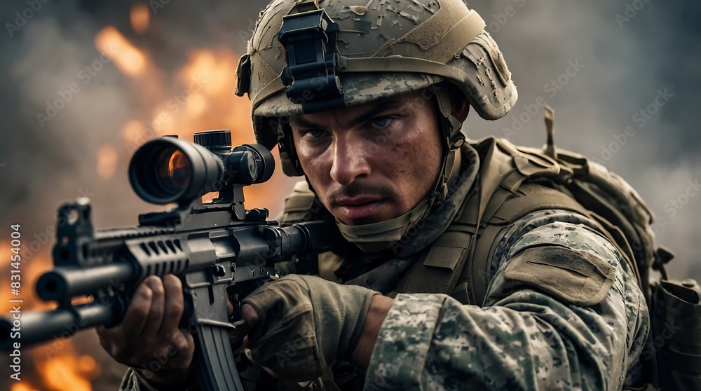 A close up of a person holding a rifle. Suitable for military or hunting themes, ai generative A close up of a person holding a rifle. Suitable for military or hunting themes, ai generative