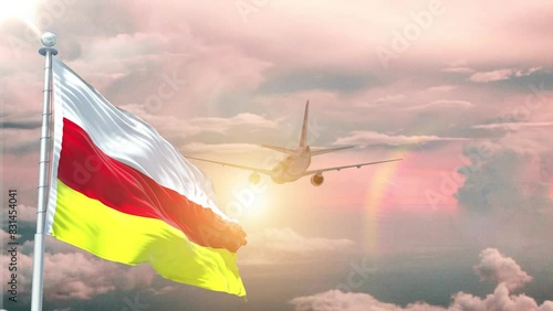 North Ossetia flag Waving Realistic With Sky Plane Takes Off At Sunrise photo