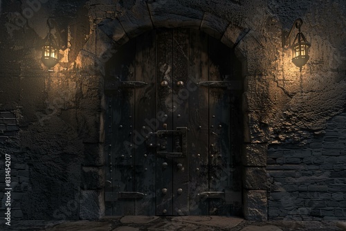 Old  eerie castle door illuminated by lanterns at night  emanating an ancient and mysterious vibe