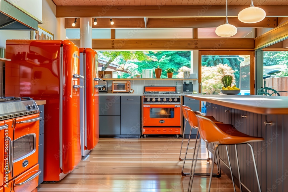 Warm midcentury modern kitchen interior with retro appliances, bold
