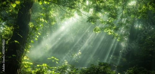 A serene forest scene  with sunlight filtering through the canopy to create a mesmerizing pattern of light and shadow  accompanied by the soft rustle of leaves in the breeze.