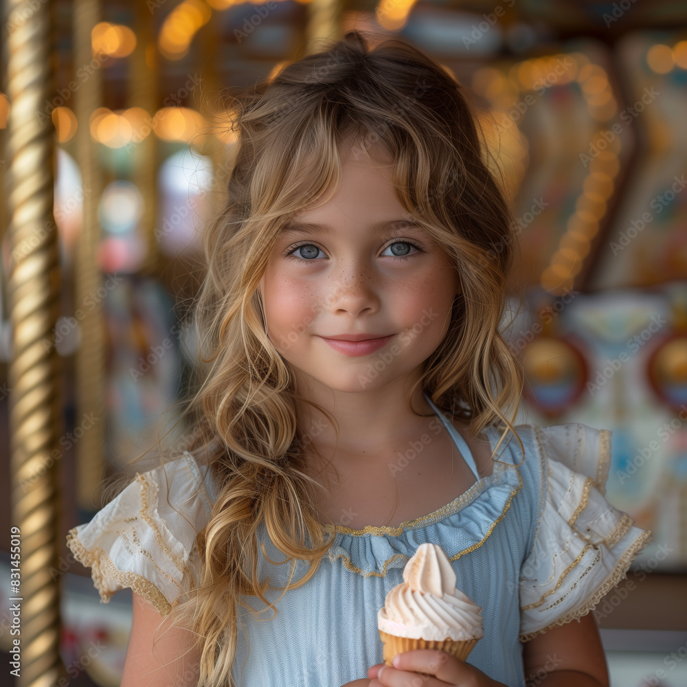 Smiling Girl portrait with ice cream at an Amusement Park near a Merry-Go-Round Generative AI Smiling Girl portrait with ice cream at an Amusement Park near a Merry-Go-Round Generative AI