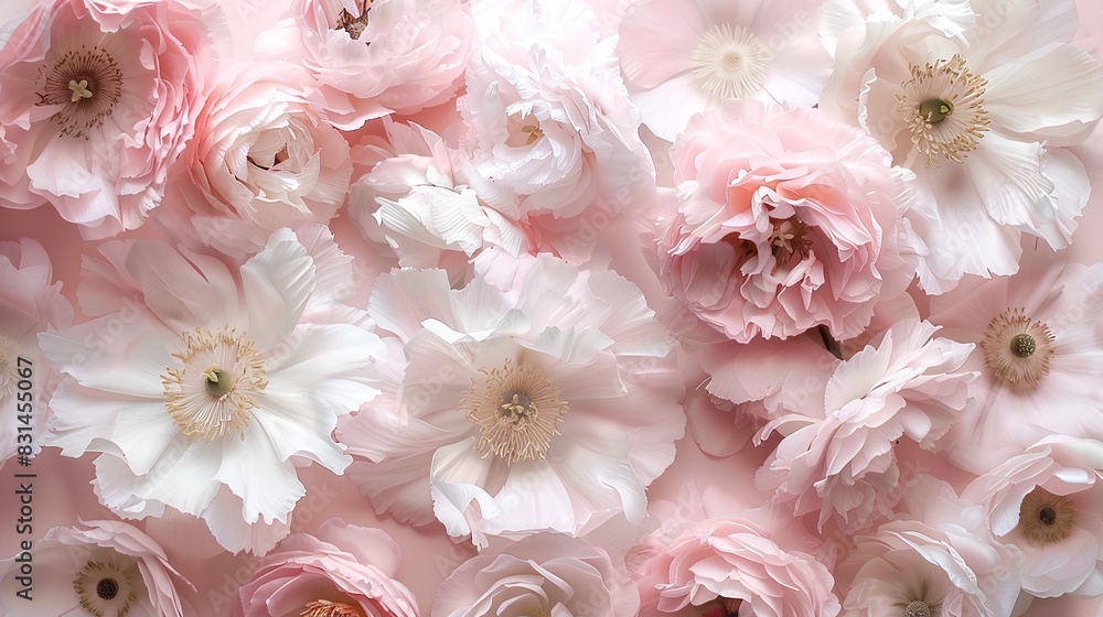 A background of delicate pink and white flowers, including peonies, roses, ranunculus, and anemones in various sizes, arranged to create a lush floral pattern. A background of delicate pink and white flowers, including peonies, roses, ranunculus, and anemones in various sizes, arranged to create a lush floral pattern.