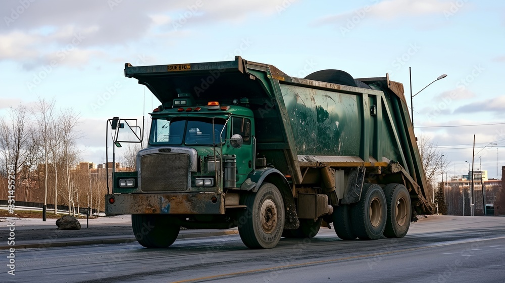 a green dump truck driving down a street