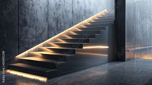 A minimalist staircase with a sleek  all-metal design and a series of integrated  touch-activated lights