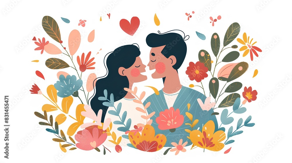 A vector illustration of two lovers surrounded by flowers and leaves, in an animated style with flat colors on a white background. The characters have joyful expressions as they share a tender moment A vector illustration of two lovers surrounded by flowers and leaves, in an animated style with flat colors on a white background. The characters have joyful expressions as they share a tender moment