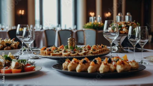 Luxuriously set banquet table with gourmet appetizers for a corporate event or wedding.