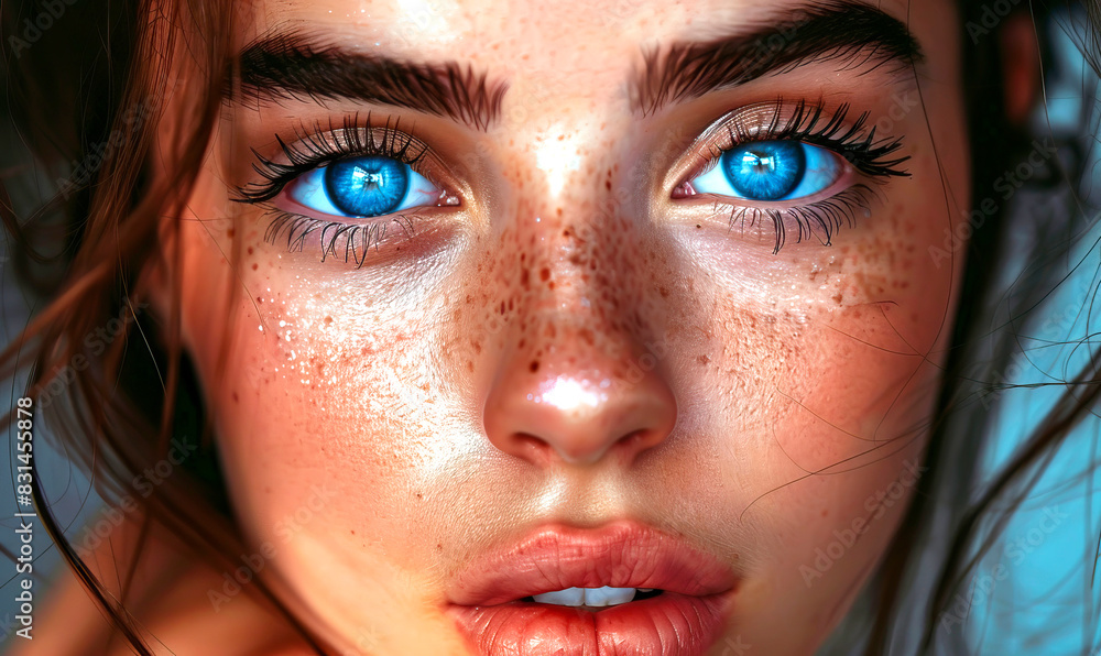 Portait of a woman with blue eyes, freckles, stunning features, and vibrant expression Portait of a woman with blue eyes, freckles, stunning features, and vibrant expression
